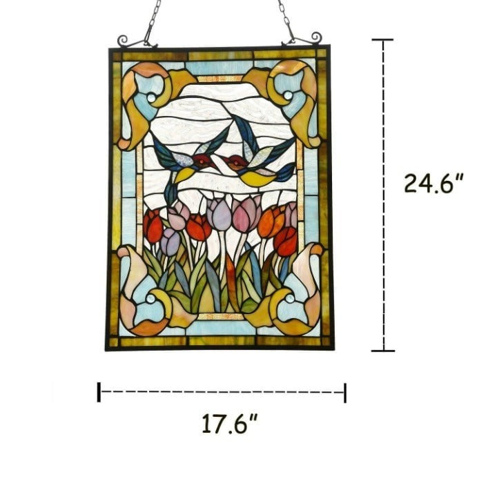 Tulip and Bird Theme Stained Glass Window Panel Suncatcher 24.6x17.6 in