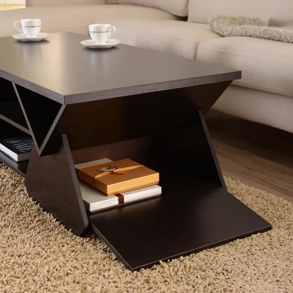 Modern Coffee Table Geometric Design In Espresso Finish With Storage 42inL