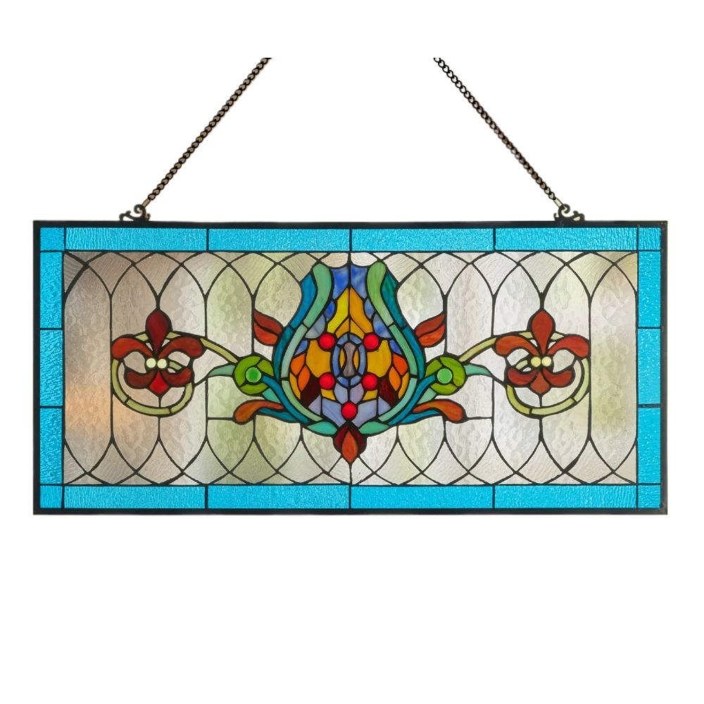Fleur De Lis Shades of Blue Stained Glass Window Panel Suncatcher 30L x 14H