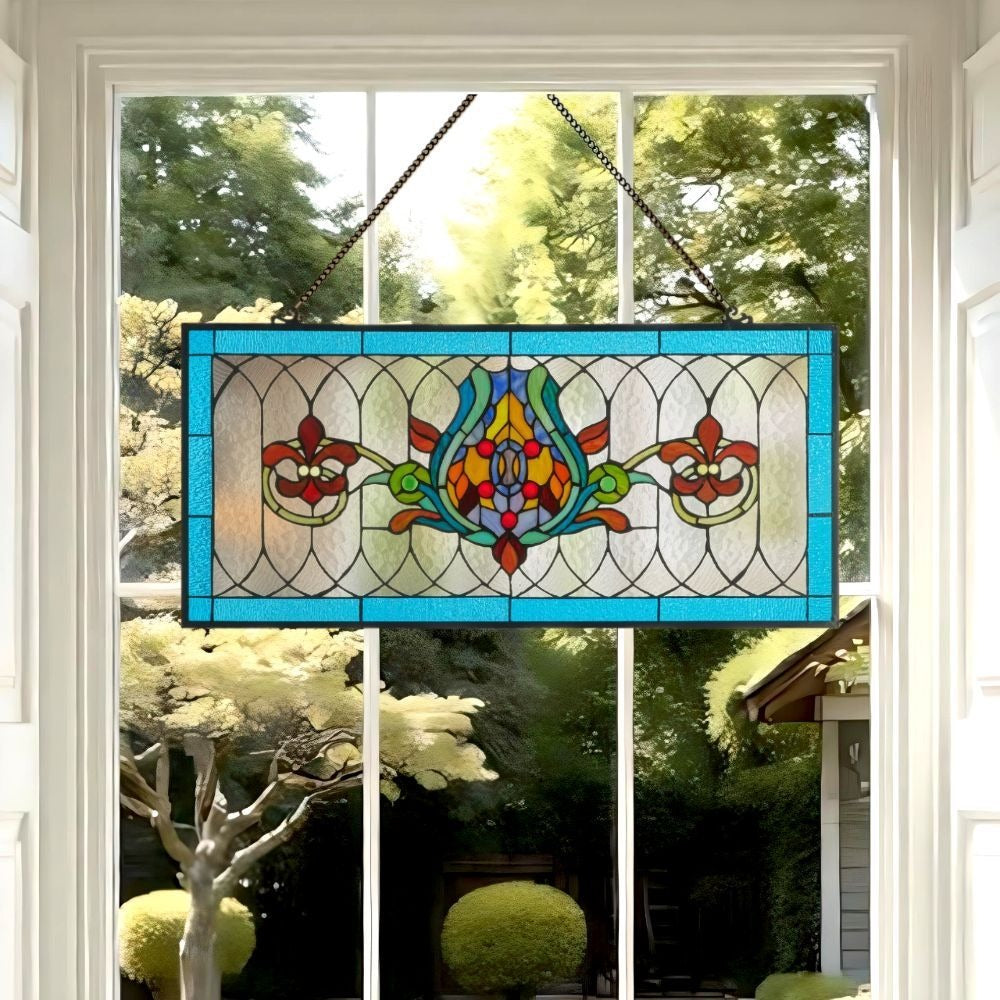 Fleur De Lis Shades of Blue Stained Glass Window Panel Suncatcher 30L x 14H