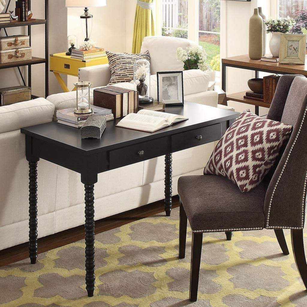 Black Finish Minimalistic Office Desk Table 2 Drawer with Helix Legs