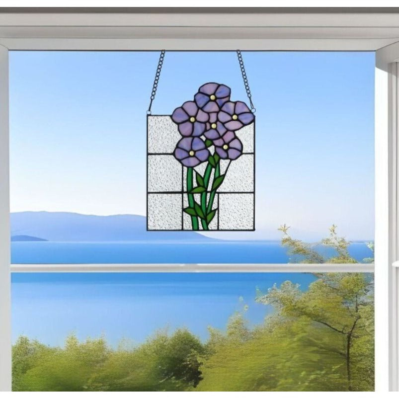 Petit Tiffany Style Violet Garden Stained Glass Window Panel Suncatcher 7.5x10in