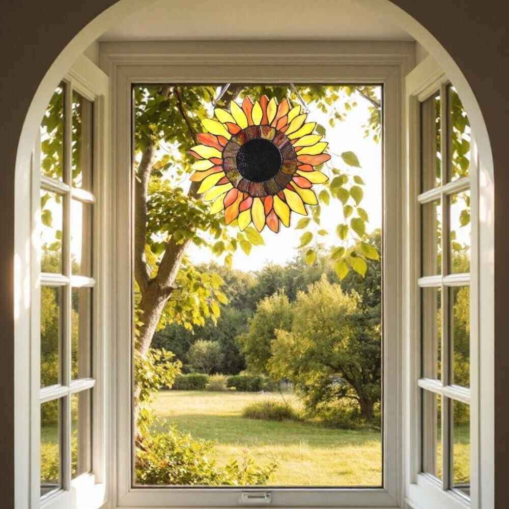 Yellow Sunflower Design Stained Glass Window Panel Suncatcher Round 16in