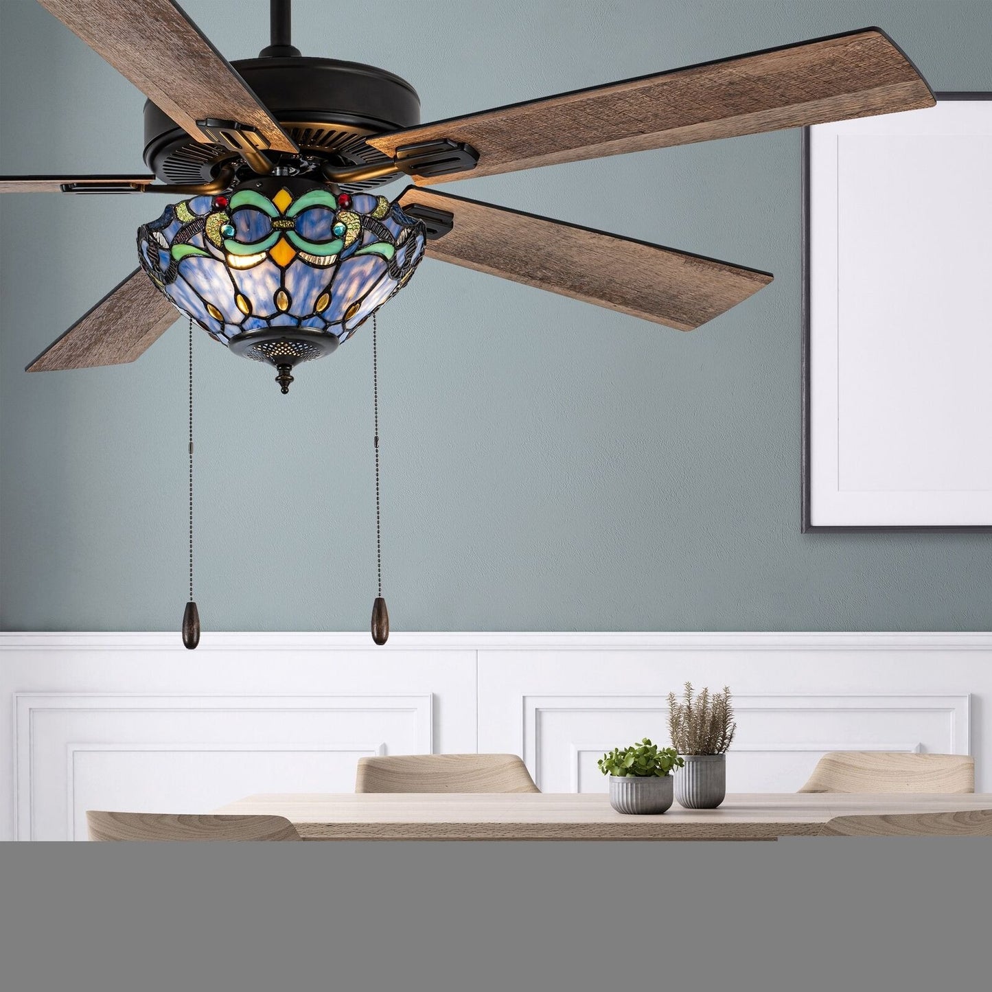 Remote Control Stained Glass Blue Ceiling Fan 52in 3-Light Oil-Rubbed Bronze