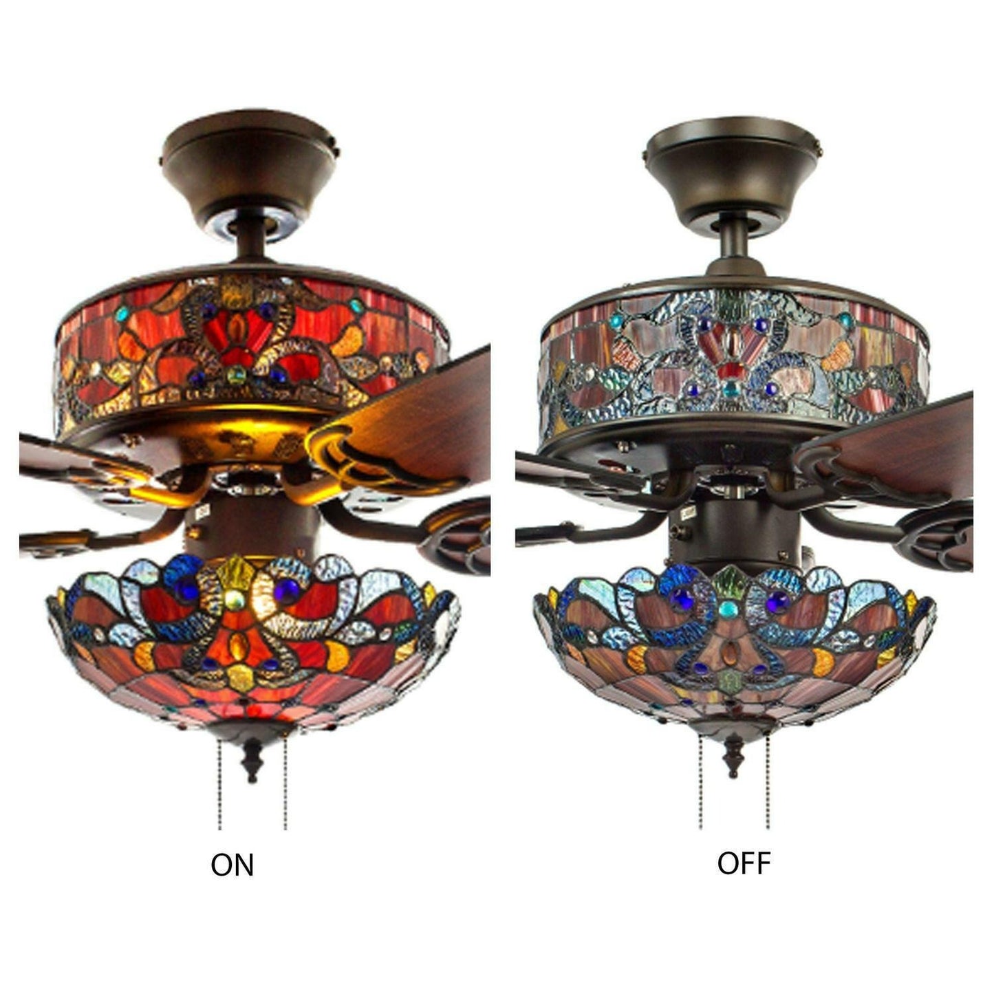 Red Ceiling Fan Tiffany Style Stained Glass 52in Wide - Pull Chain