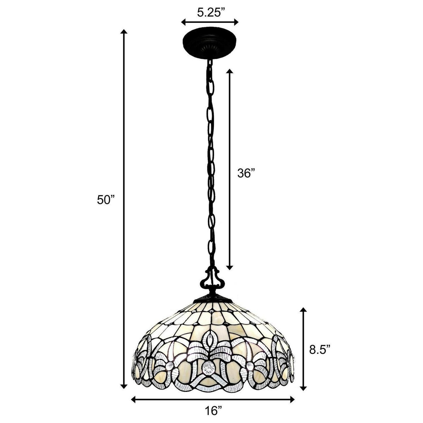 Hanging Ceiling Light Tiffany Style White Stained Glass 16 Inches Wide
