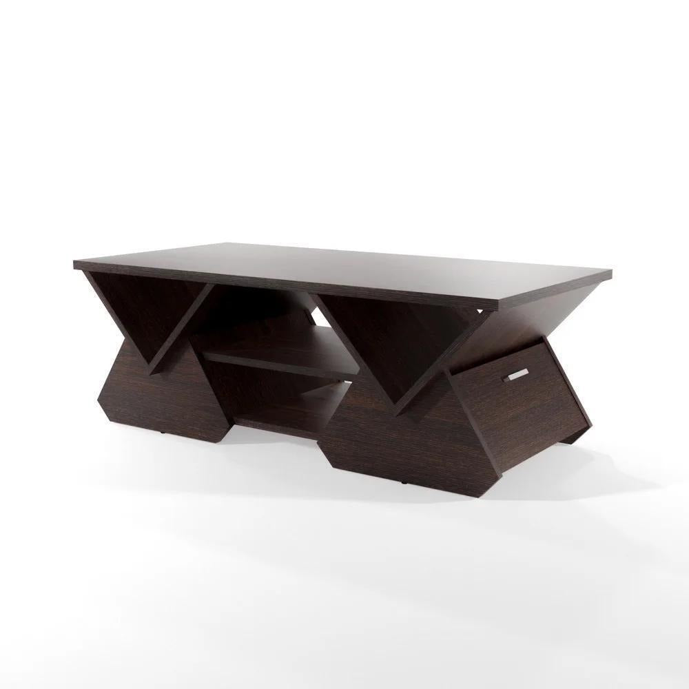 Modern Coffee Table Geometric Design In Espresso Finish With Storage 42inL