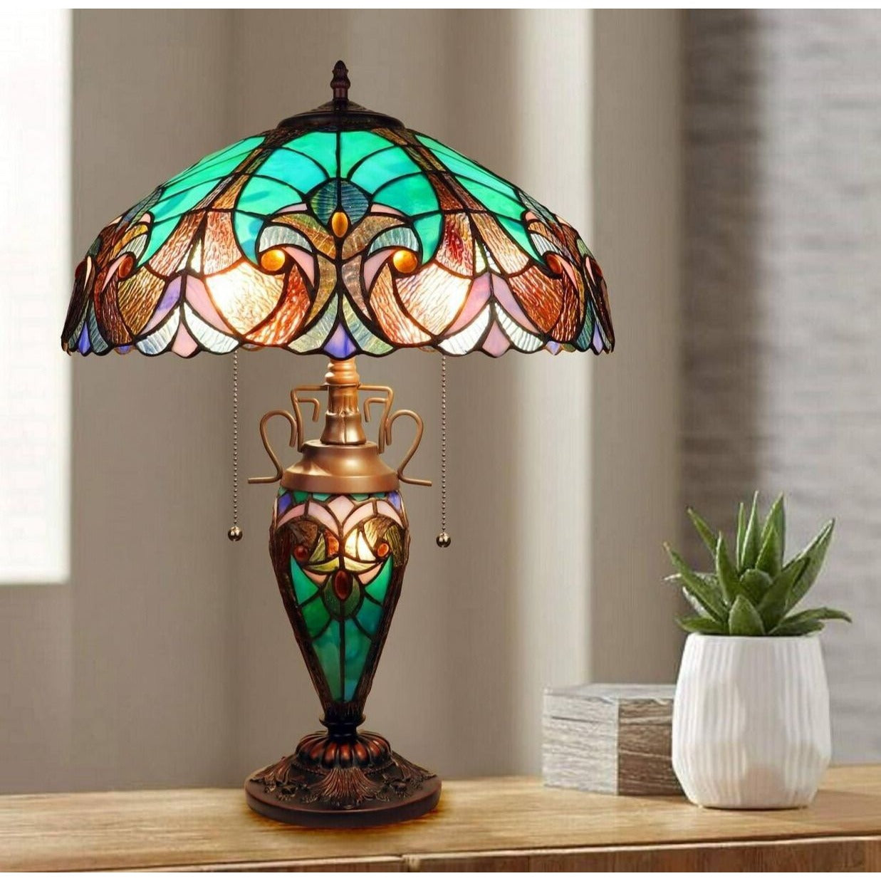 Aqua Blue Green Tiffany Inspired Victorian Stained Glass Table Lamp w/ Lit Base