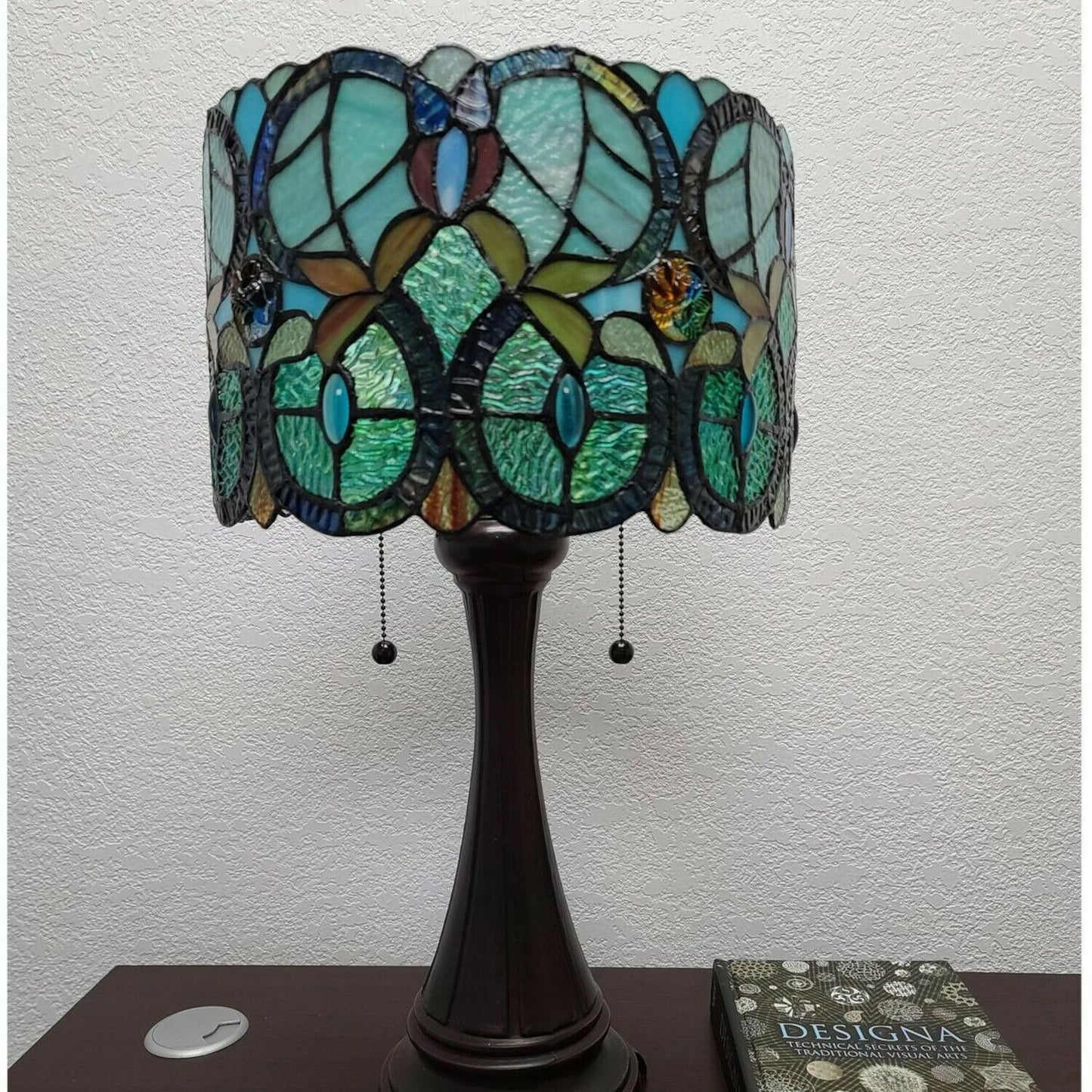 Stained Glass Drum Shade Floral Table Lamp Accent Reading 21in Tiffany Style
