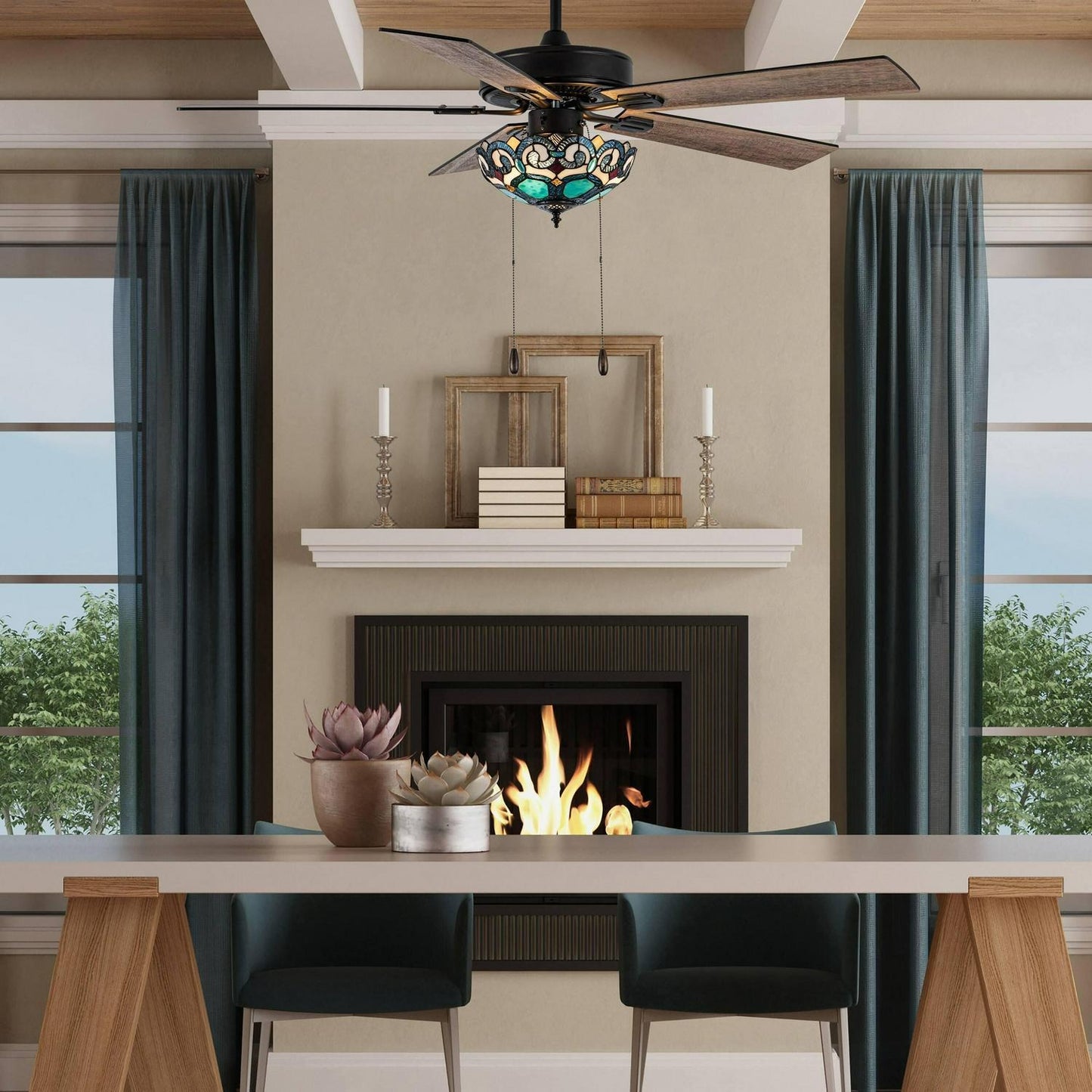 Ceiling Fan Oil-Rubbed Bronze and Aqua Green Stained Glass 3-Light 52in