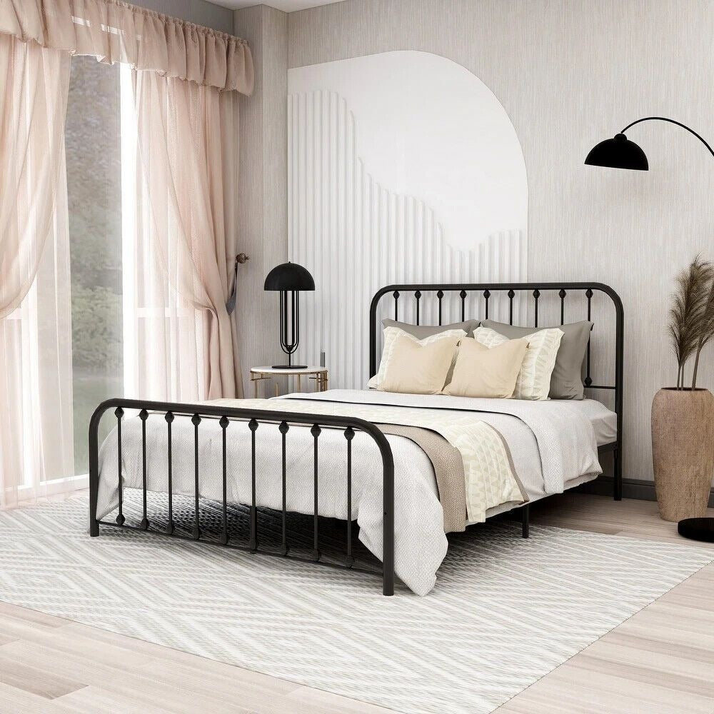 Queen Size Bed Frame Metal Platform Bed Frame with Headboard & Footboard Black