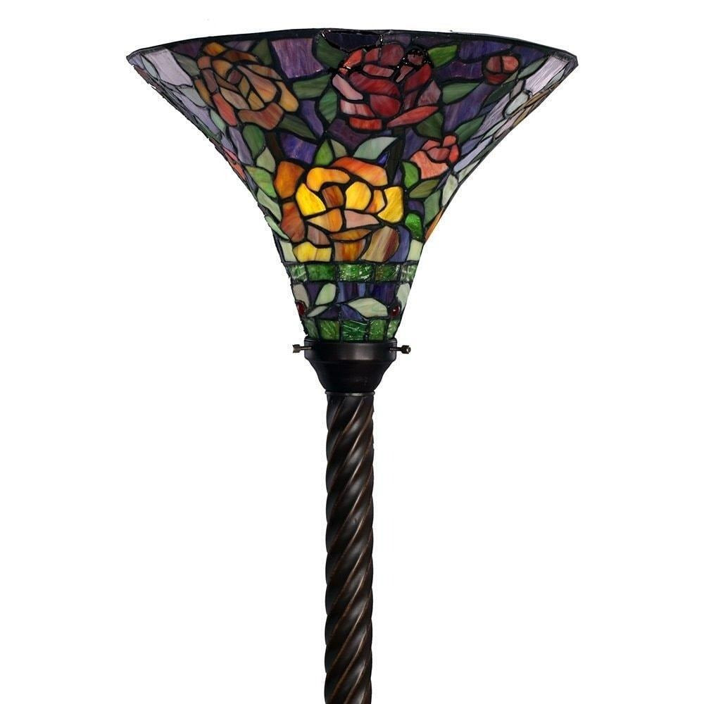 Tiffany Style Rose Floral Stained Glass Traditional Torchiere Floor Lamp