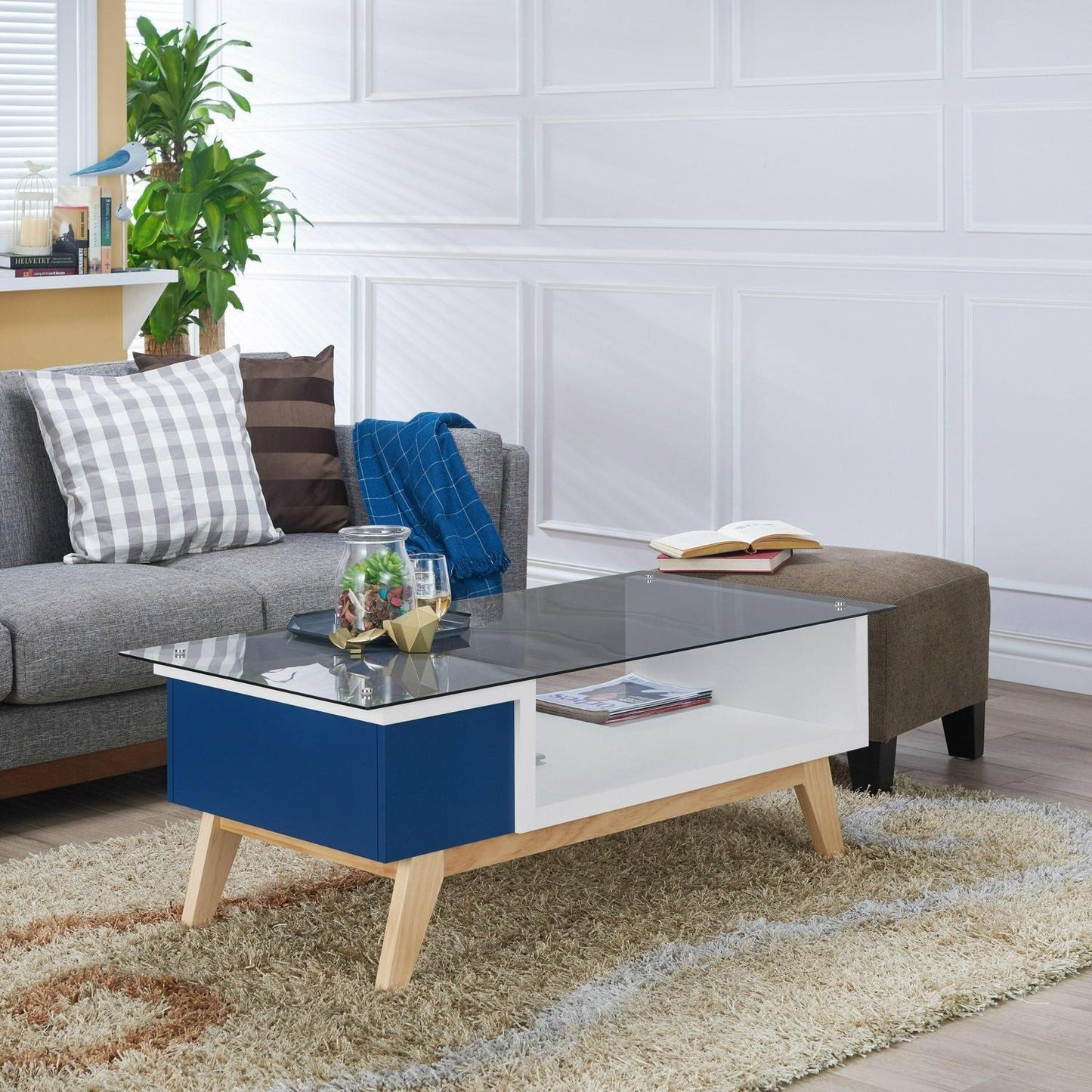 Coffee Table With Glass Top Mid-Century Modern 47in Navy and White Finish