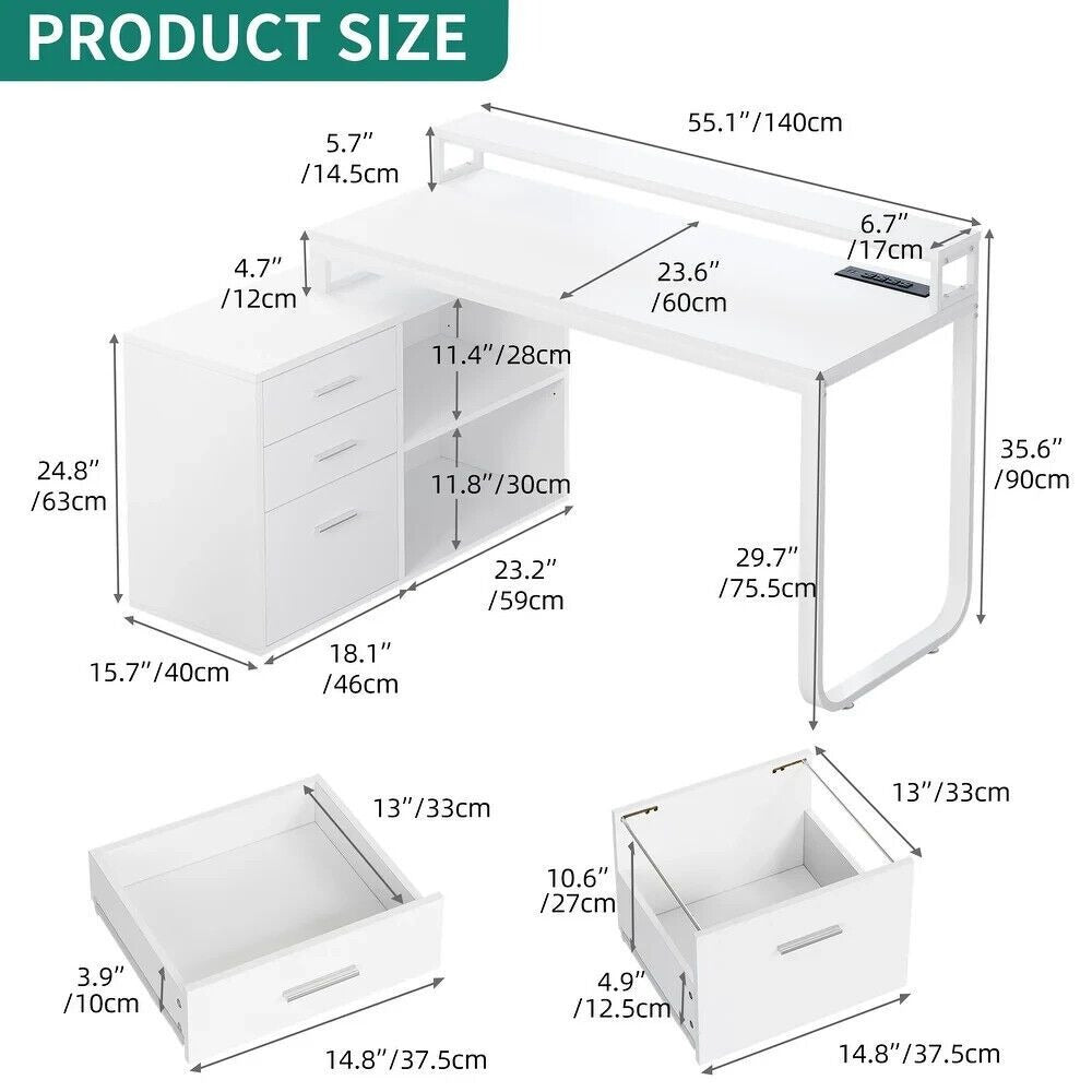 L-Shaped Computer Desk: Wireless Charge, LED Lit & File Cabinet in White
