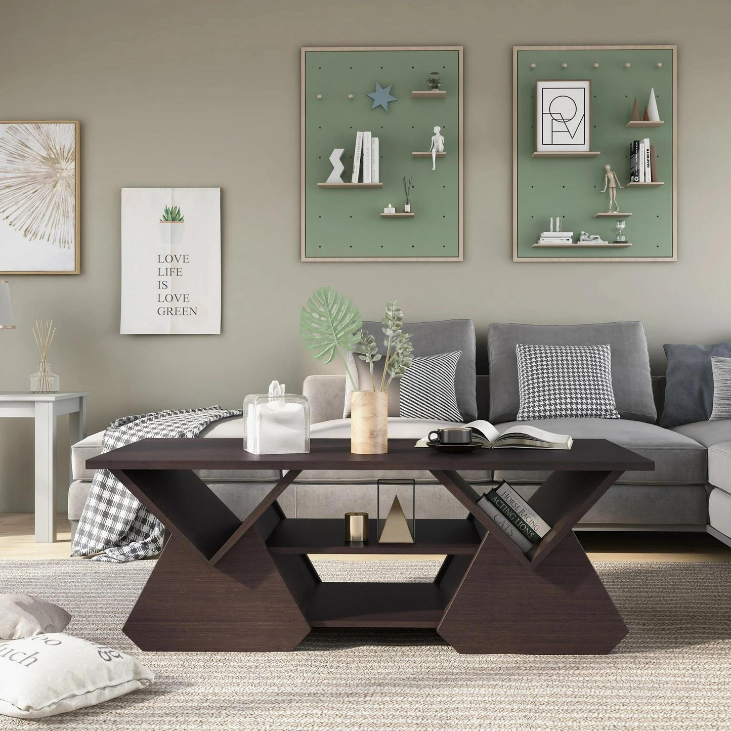 Modern Coffee Table Geometric Design In Espresso Finish With Storage 42inL