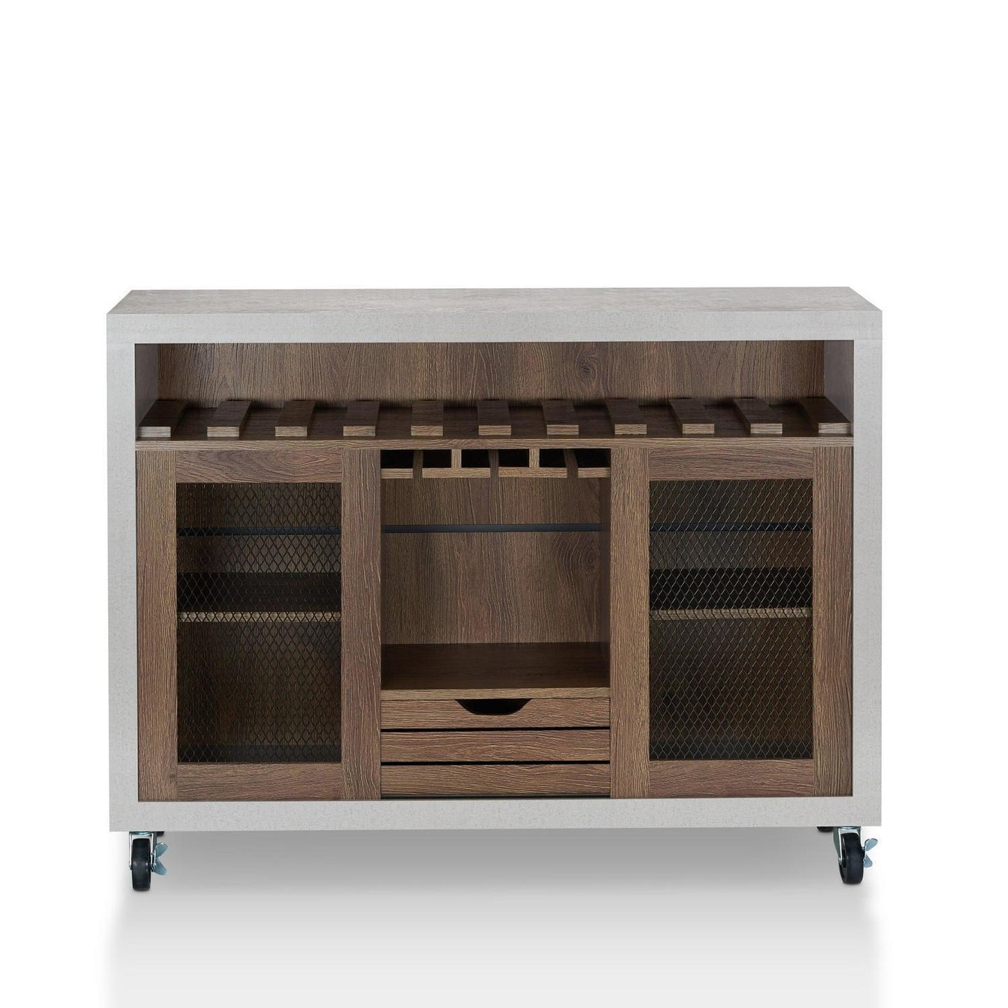 Rolling Sideboard Buffet Serving Cart Storage Cabinet in Walnut and Cement Finsh