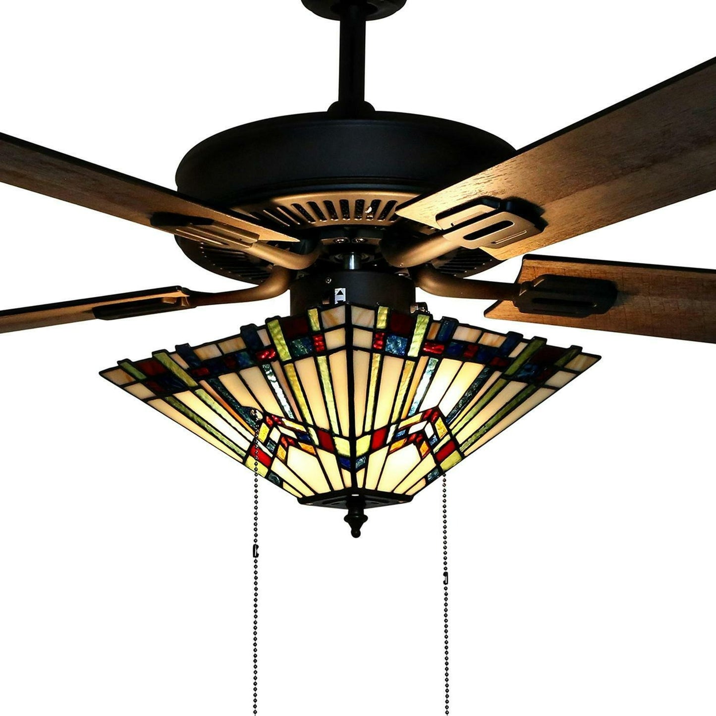 Bronze Finish Stained Glass 5-blade 52-inch Ceiling Fan With Light Mission Style
