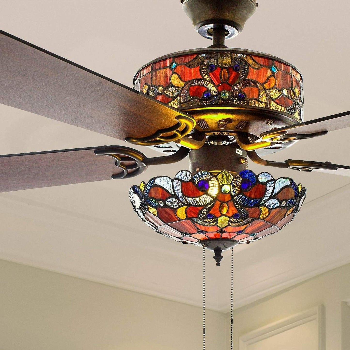 Red Ceiling Fan Tiffany Style Stained Glass 52in Wide - Pull Chain