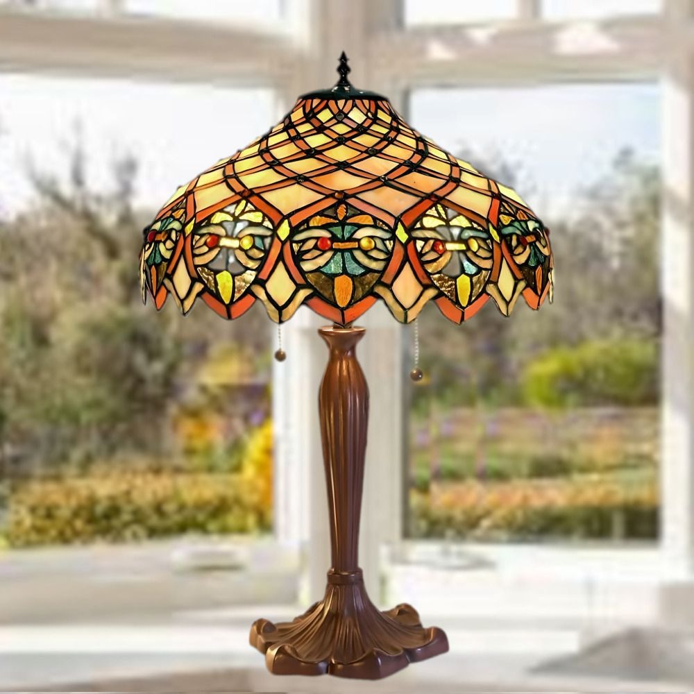 Baroque Handcrafted Stained Glass Tiffany Style Table Lamp Candlestick Base 25in