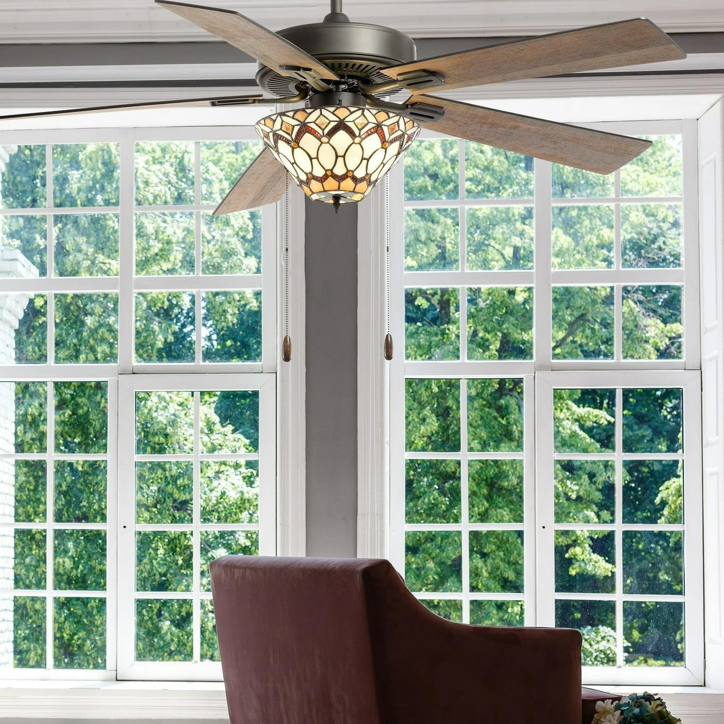 Amber and Ivory Tiffany Style Stained Glass Ceiling Fan 52-inch