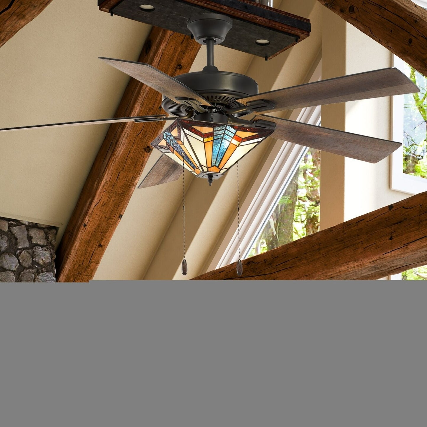 Mission Tiffany Style Stained Glass Ceiling Fan 52in 5-Reversable Blades