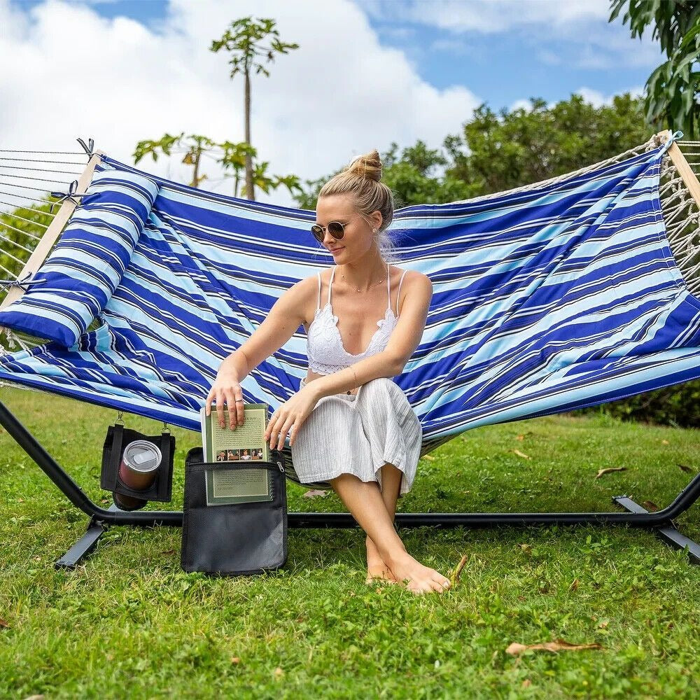 2 Person Hammock With Stand - Cotton Rope, Quilted Blue Striped w/Pillow
