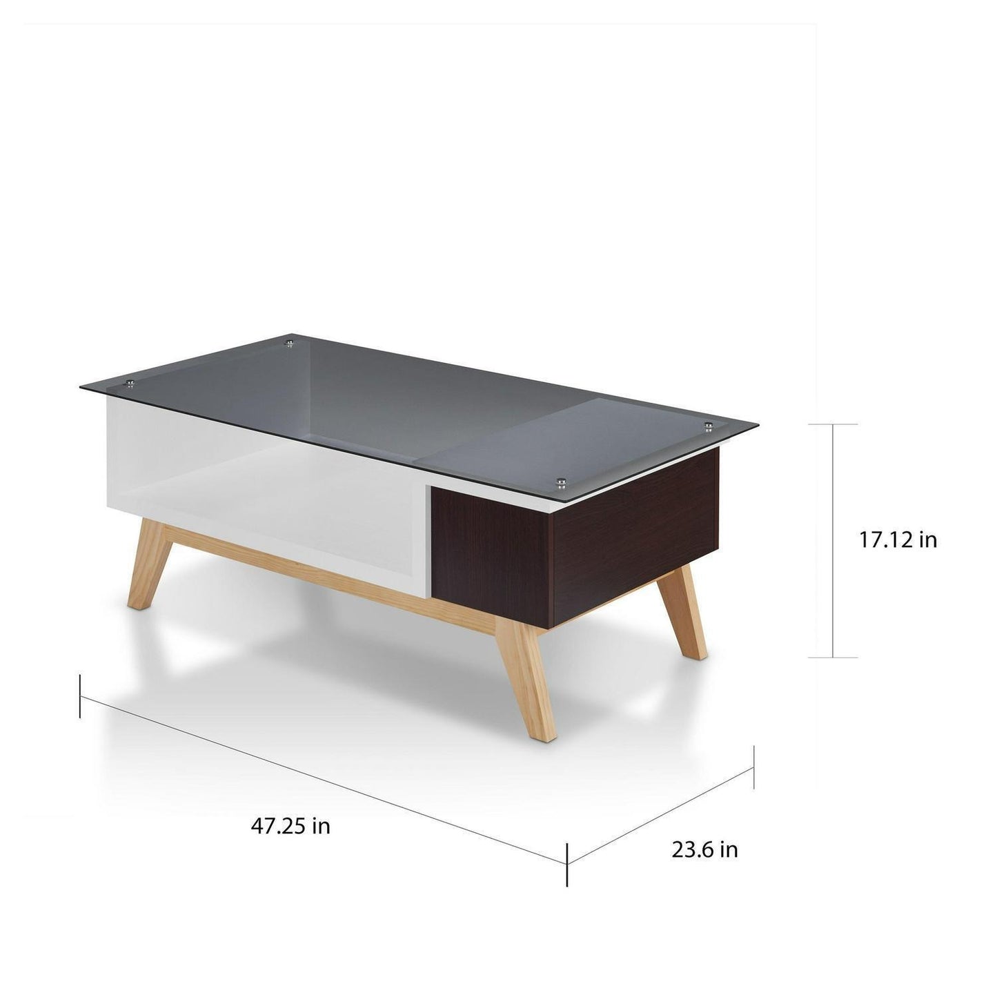 Coffee Table With Glass Top Mid-Century Modern 47in Espresso and White Finish