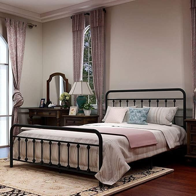 Sleek Vintage-Inspired Metal Platform Bed: Black Finish in KING Size