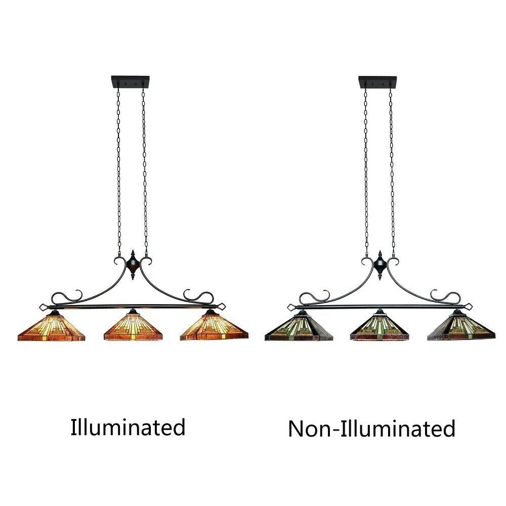 Antique Bronze Finish Mission 3-Light Stained Glass Linear Island Ceiling Light