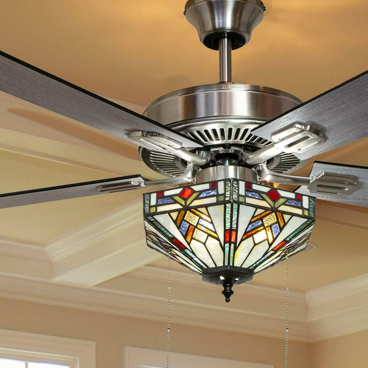 52in Mission Tiffany Style Stained Glass Hexagonal Dimmable LED Ceiling Fan