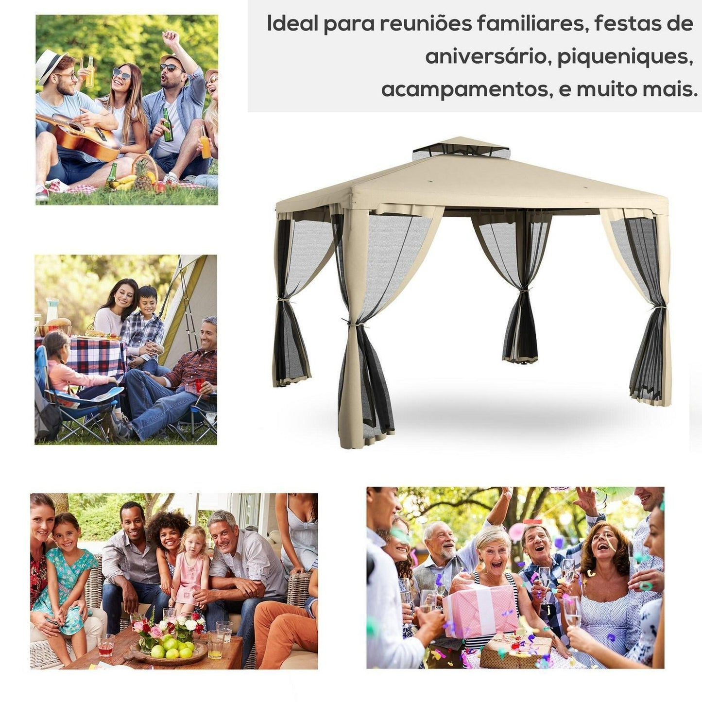 Taupe Patio Gazebo Tier Canopy, Mesh Walls & Powder-Coated Frame 9.6x11.6