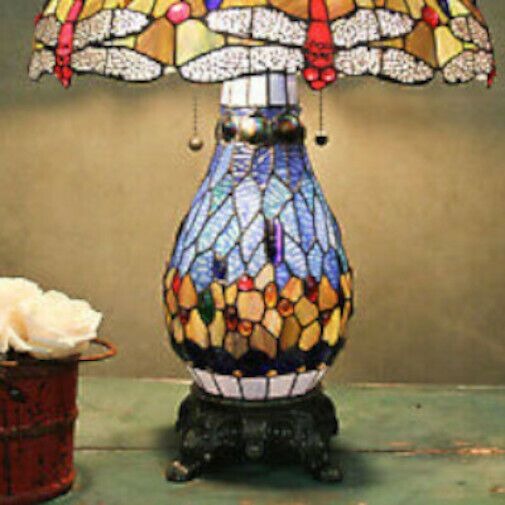Tiffany Style Stained Glass Dragonfly Accent Reading Table Lamp w/ Lighted Base