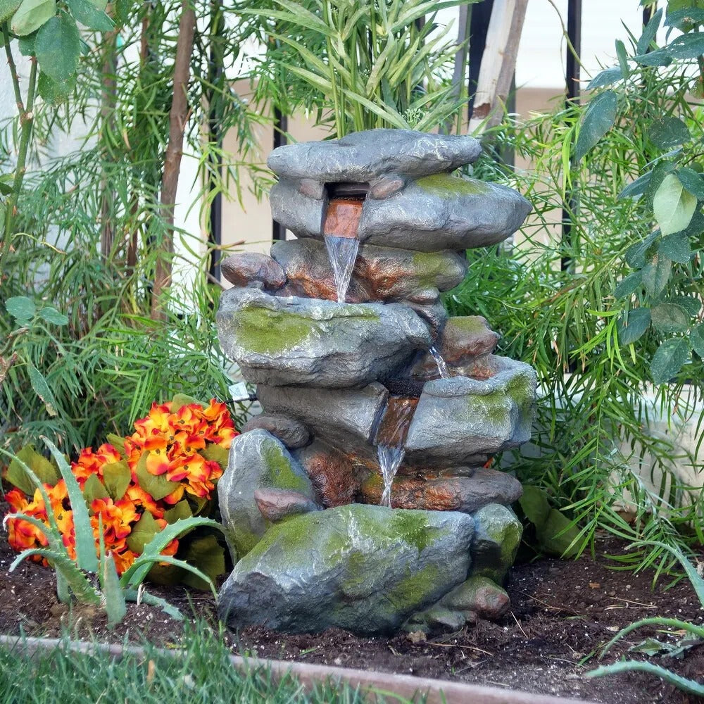 Outdoor Waterfall Fountain with LED Lights for Yard Garden 3-Tier 2ft Tall