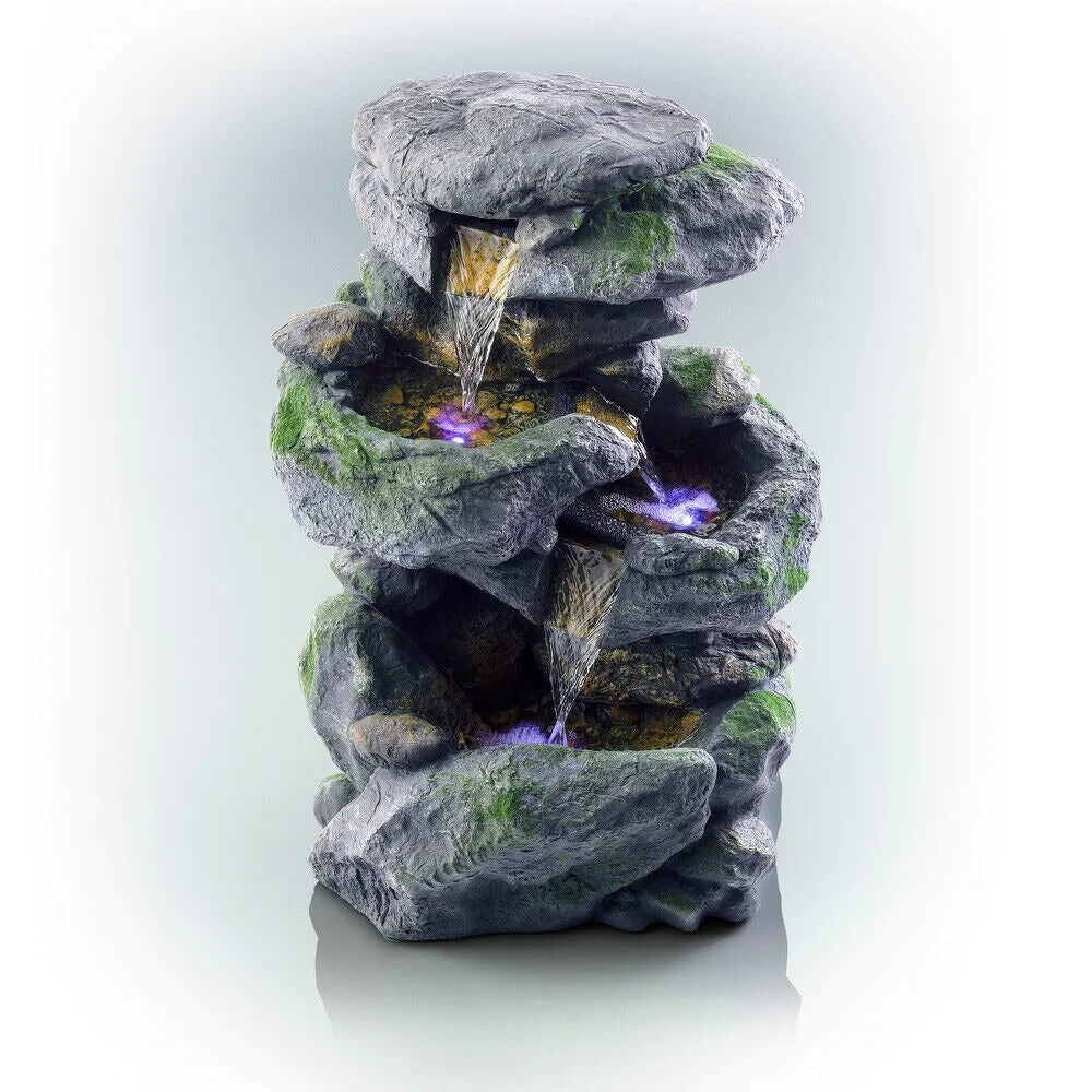 Outdoor Waterfall Fountain with LED Lights for Yard Garden 3-Tier 2ft Tall