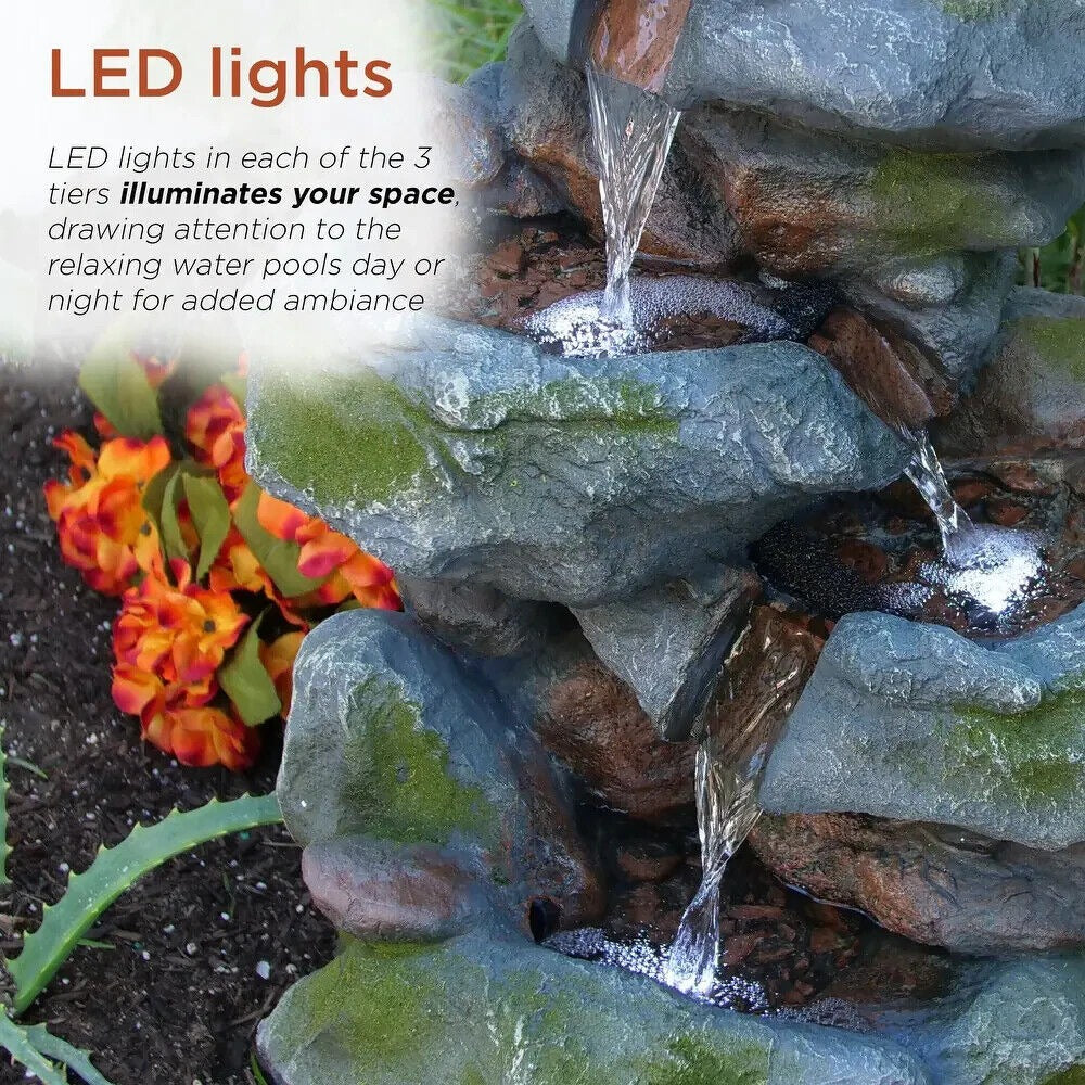 Outdoor Waterfall Fountain with LED Lights for Yard Garden 3-Tier 2ft Tall