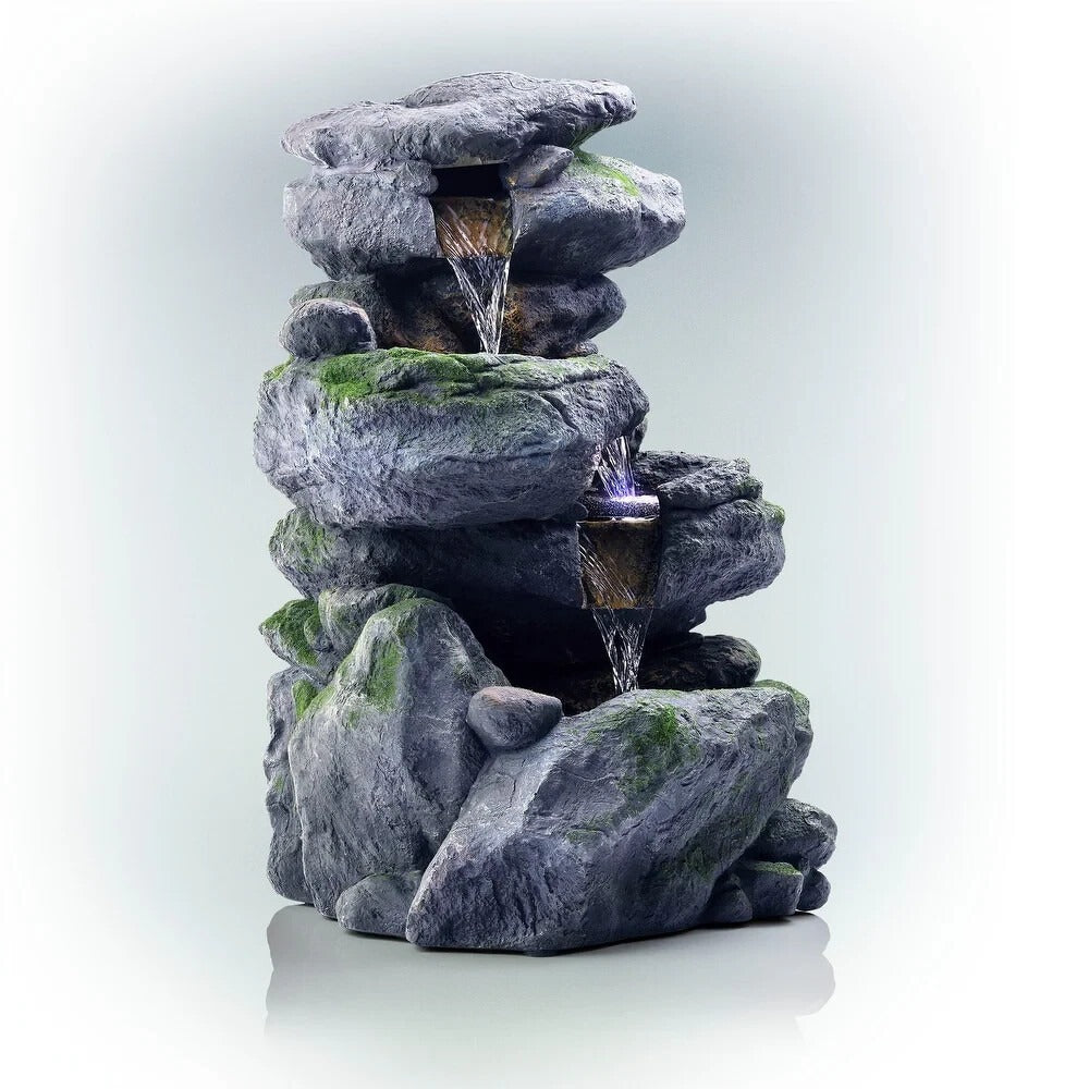 Outdoor Waterfall Fountain with LED Lights for Yard Garden 3-Tier 2ft Tall