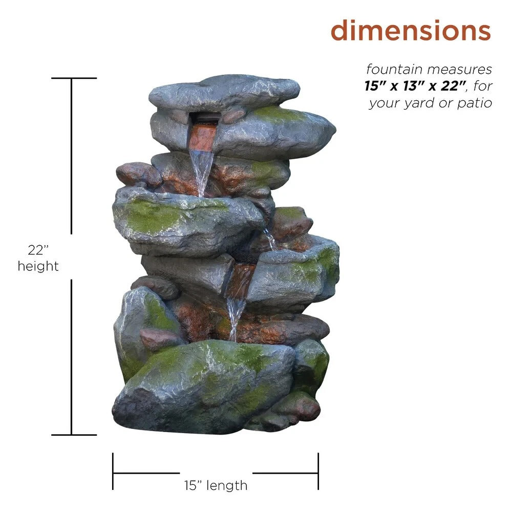 Outdoor Waterfall Fountain with LED Lights for Yard Garden 3-Tier 2ft Tall