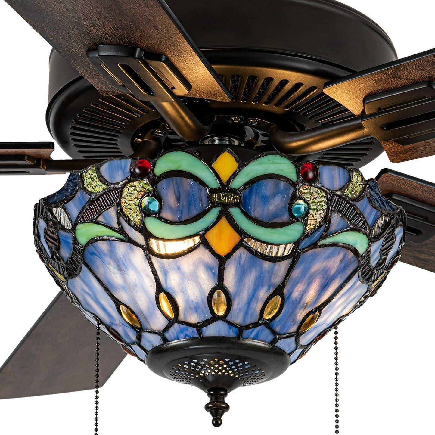 Remote Control Stained Glass Blue Ceiling Fan 52in 3-Light Oil-Rubbed Bronze