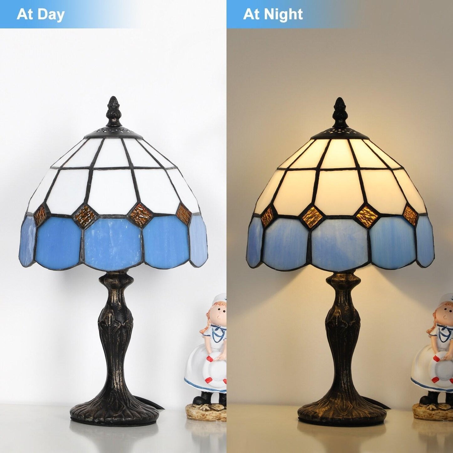 15in Mini Blue White Tiffany Style Stained Glass Accent Reading Table Lamp