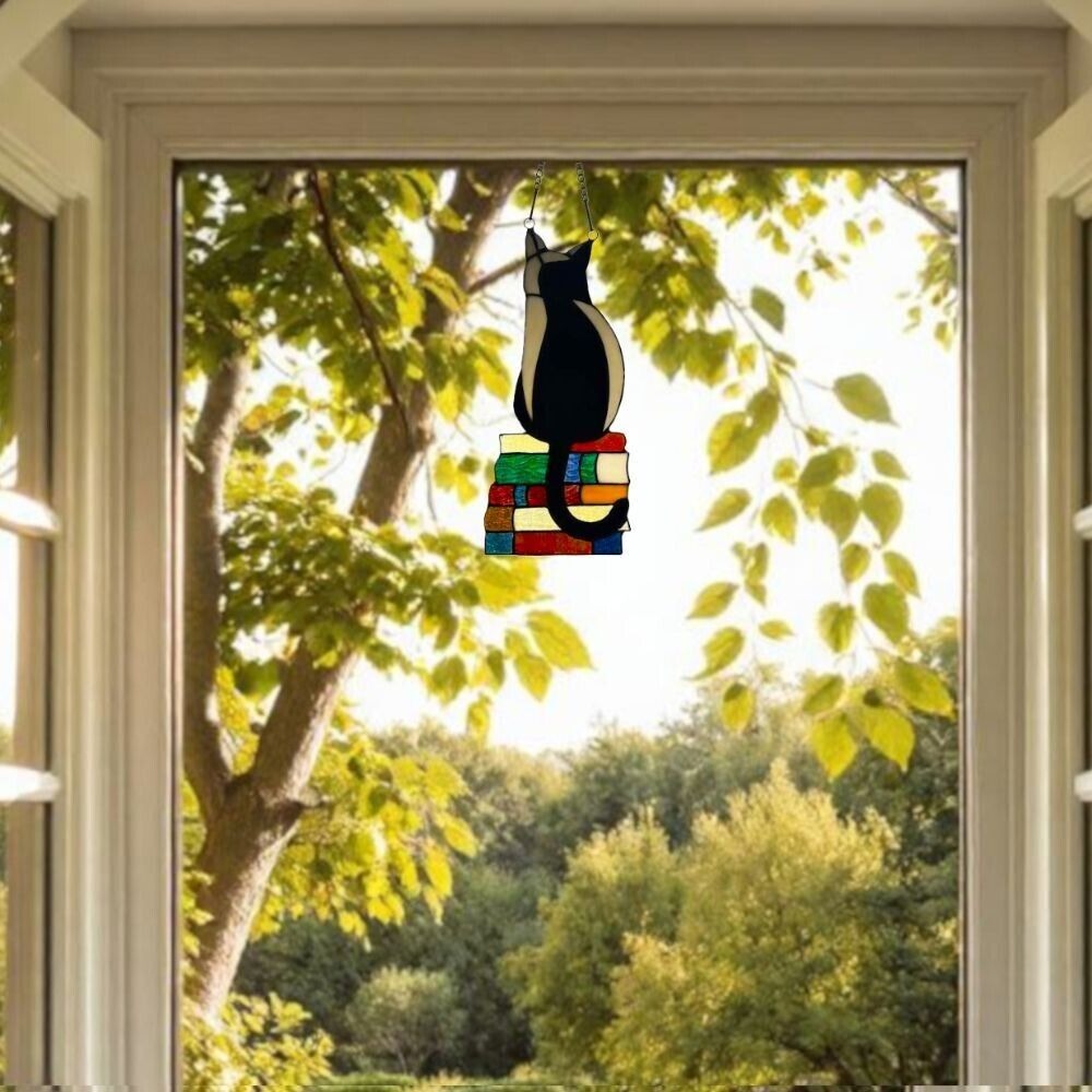 Tiffany Style Stained Glass Window Panel Black Cat Kitty Sitting on Books 12in