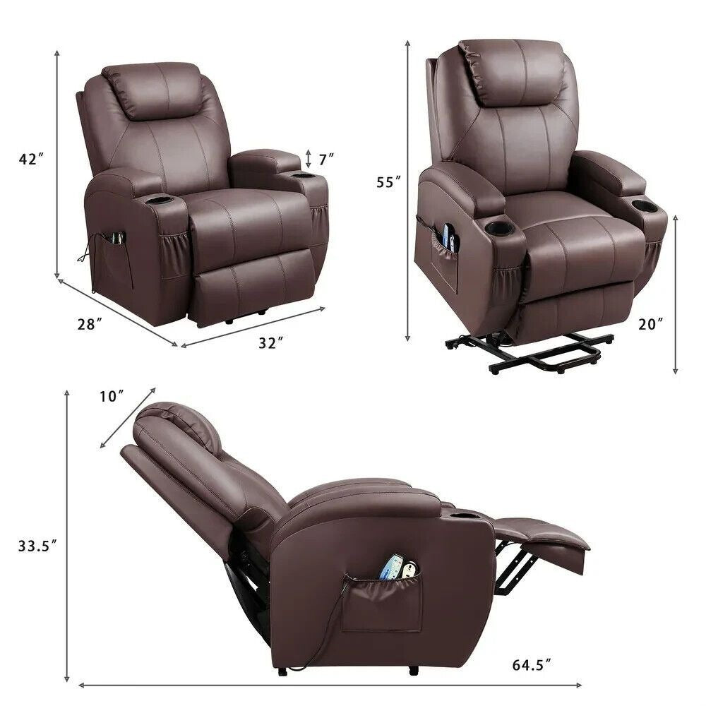 Power Lift Recliner Chair for Elderly with Heat Massage and Cup Holder - Brown