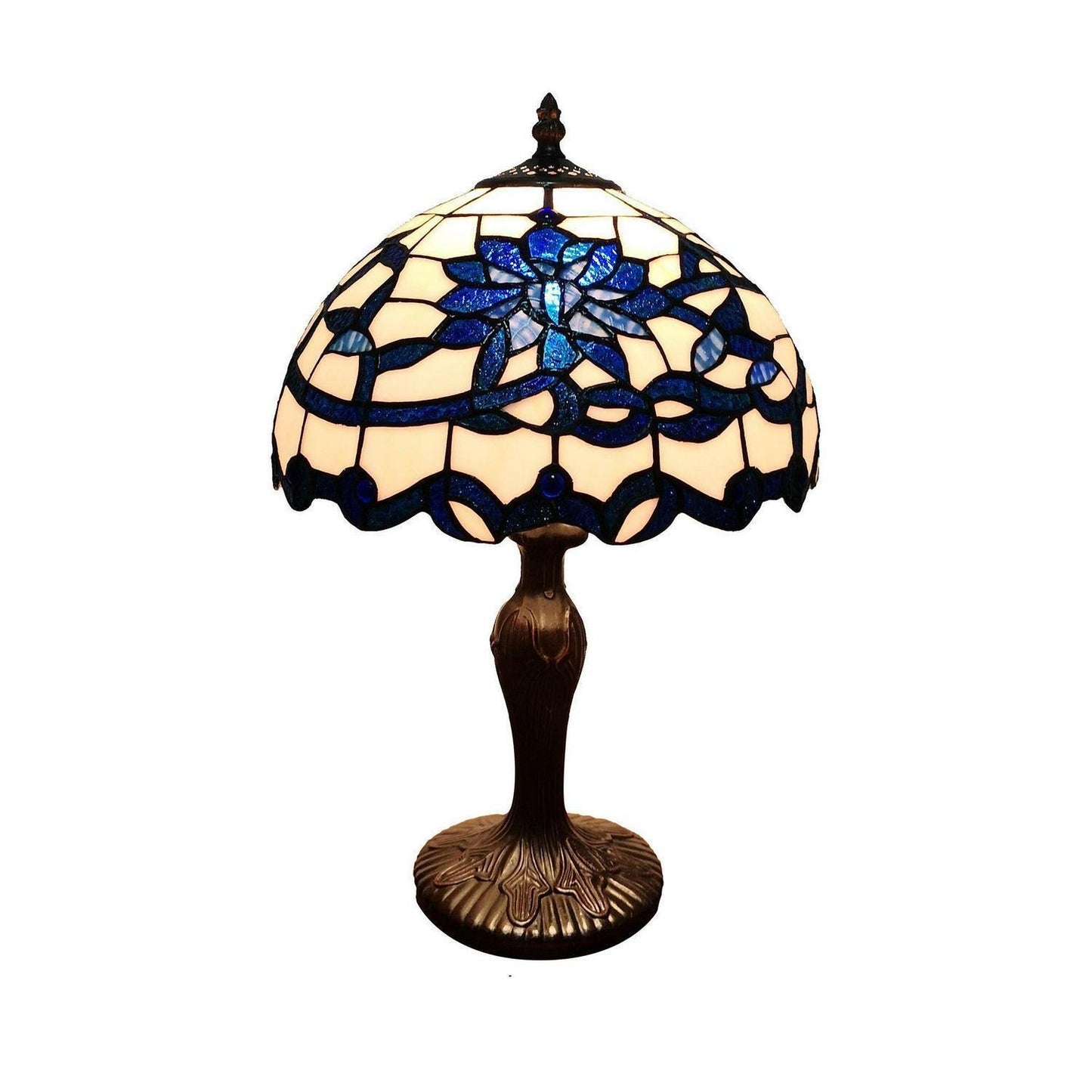 12in Mini Blue White Floral Design Stained Glass Tiffany Style Accent Table Lamp