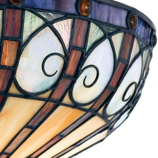 Vintage Stained Glass Flush Mound Bronze Finish 3 Light Ceiling Light 14in