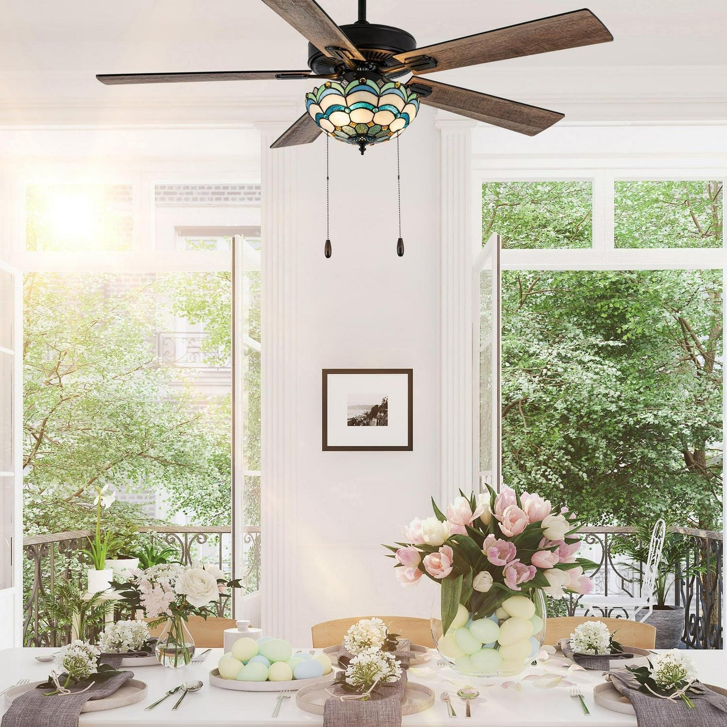 Ceiling Fan Multicolored Oil-Rubbed Bronze and Stained Glass 3-Light 52-Inch