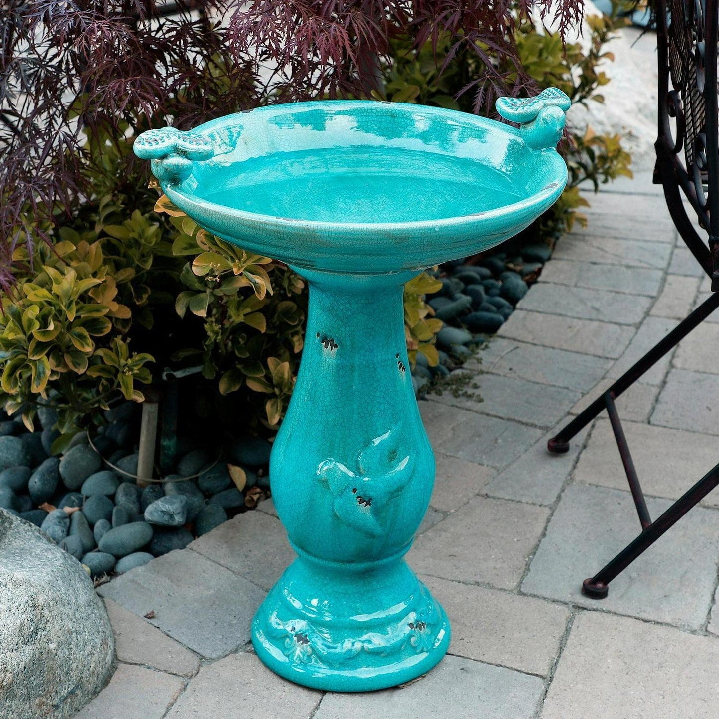 Vintage Turquoise Ceramic Pedestal Birdbath Vintage Yard Art Garden Decor 25in