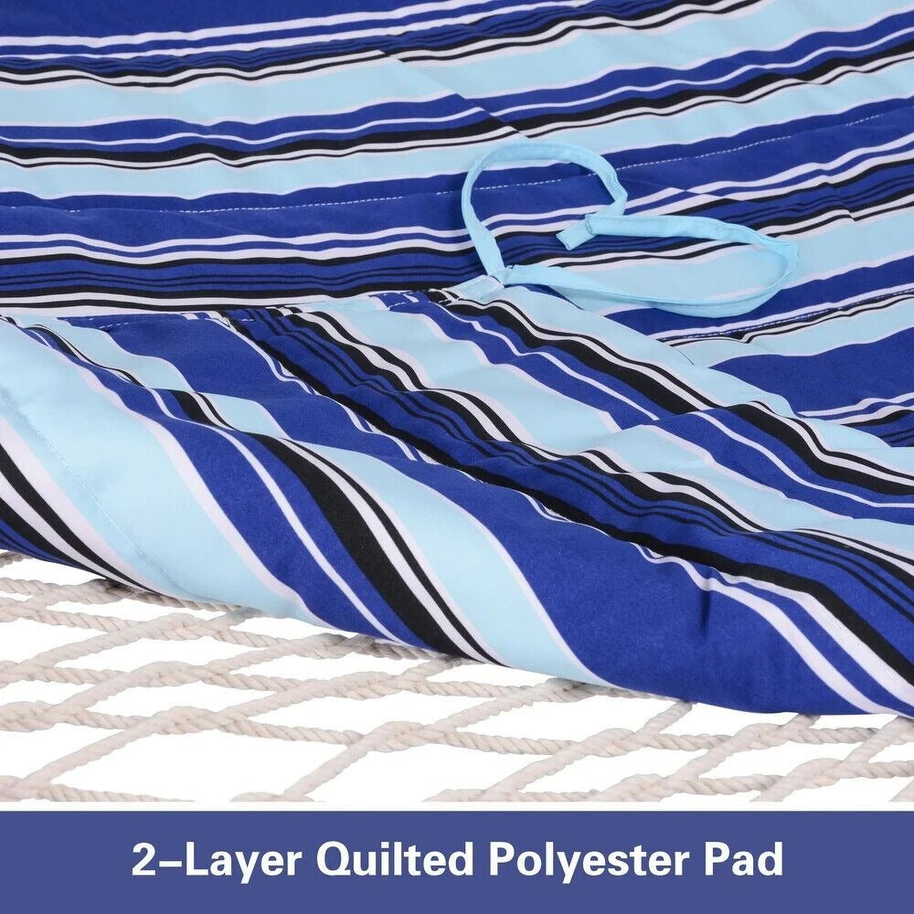 2 Person Hammock With Stand - Cotton Rope, Quilted Blue Striped w/Pillow
