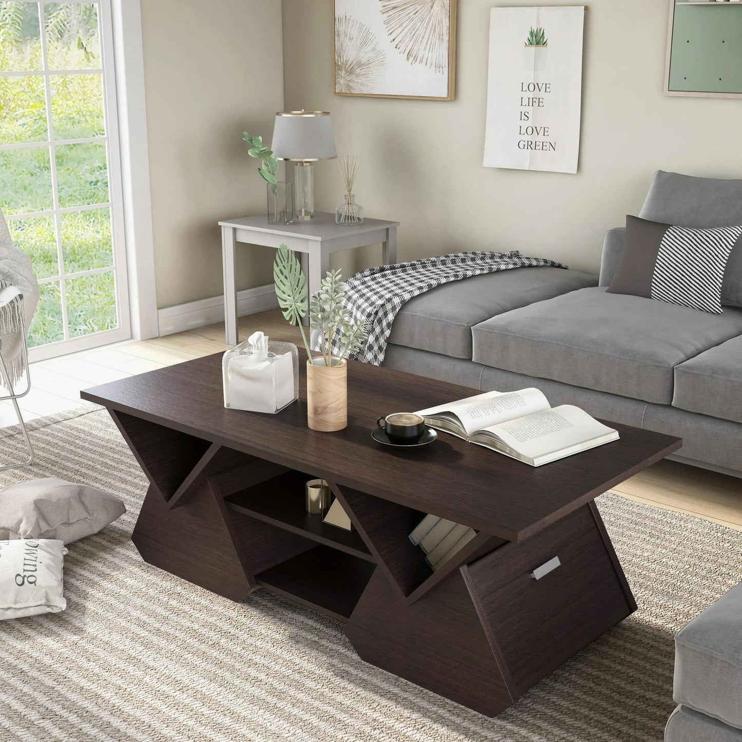 Modern Coffee Table Geometric Design In Espresso Finish With Storage 42inL