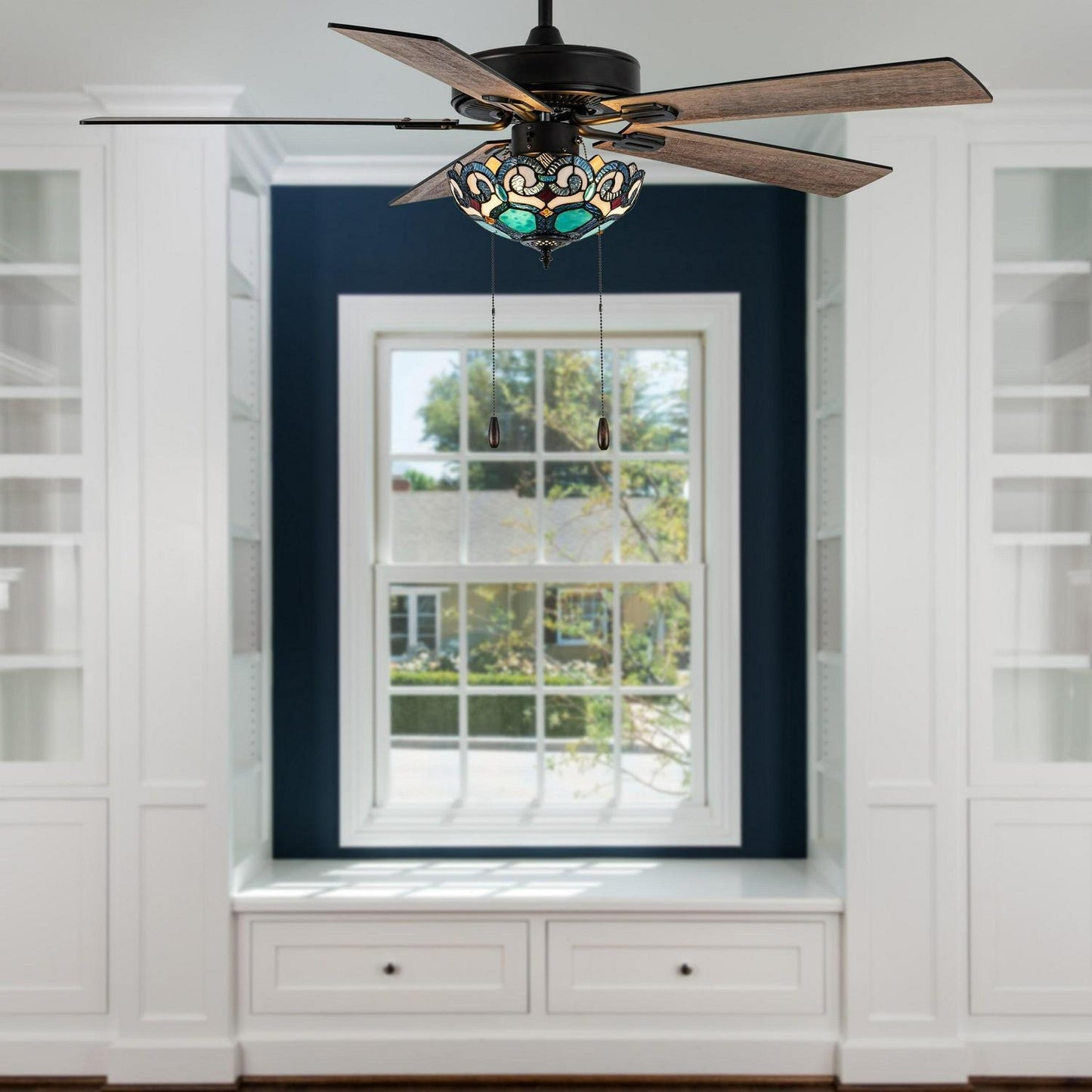 Ceiling Fan Oil-Rubbed Bronze and Aqua Green Stained Glass 3-Light 52in