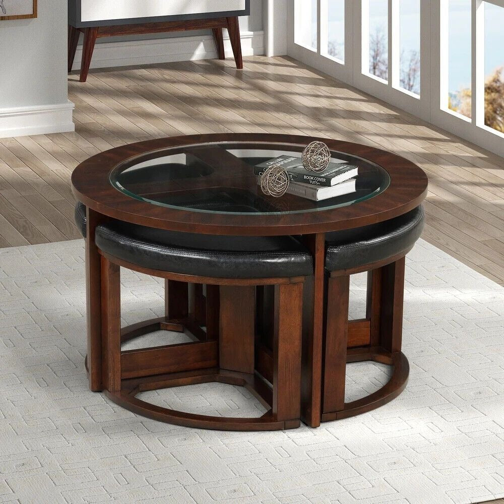 Contemporary Round Coffee Table Set with Glass Top and Upholstered Stools