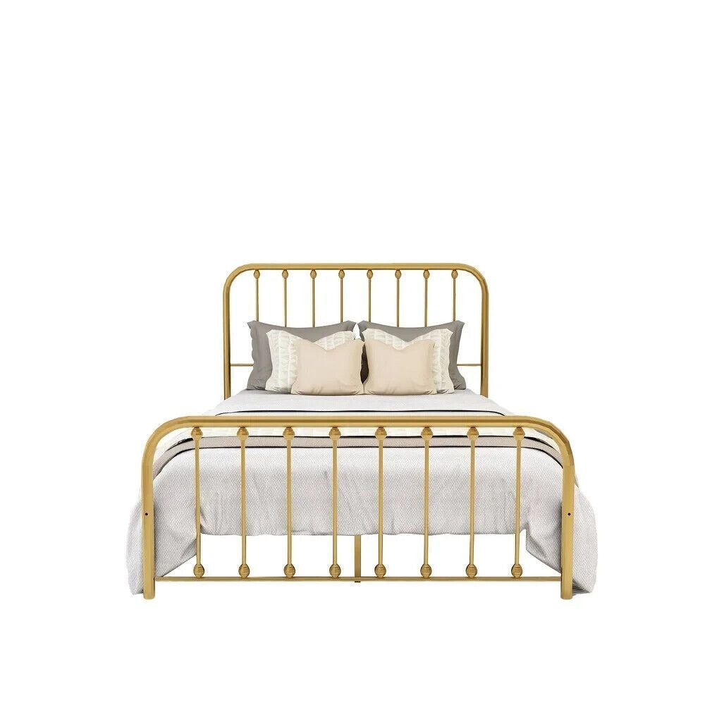 Full Size Bed Frame Metal Platform Bed Frame with Headboard & Footboard Gold